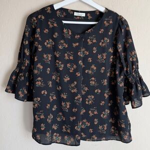 Earth Music & Ecology Black Prairie Cottagecore Floral Blouse Top Puff Sleeve